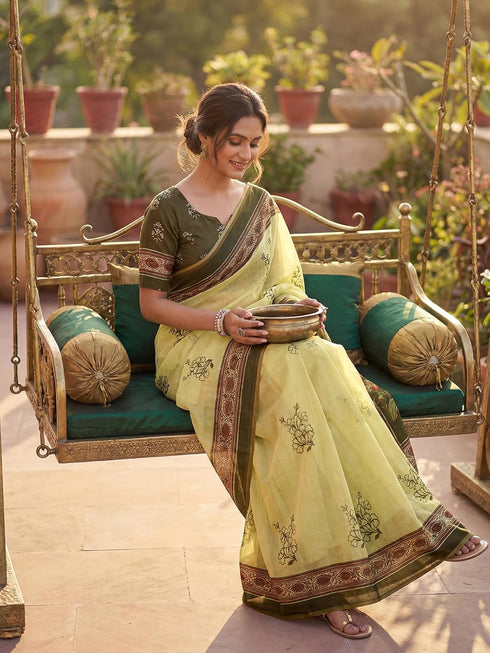Vasthrlay Printed Lemon Yellow1 Yellow Saree