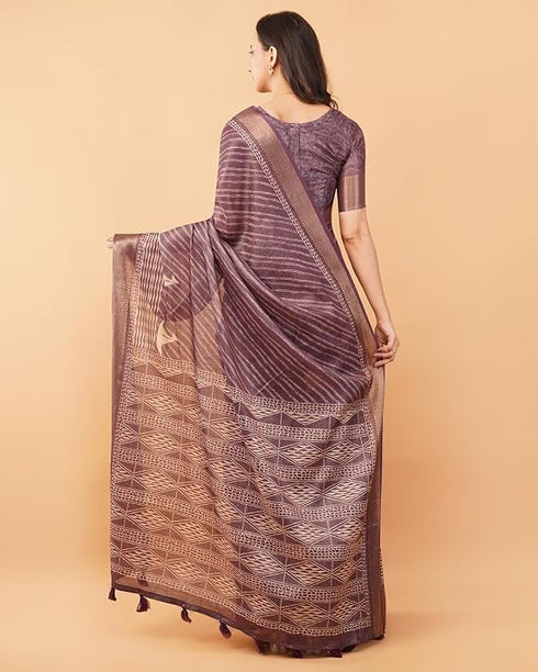 Vasthrlay Taupe Geometric Print Polyester Saree With Dull Gold Zari Border And Unstitched