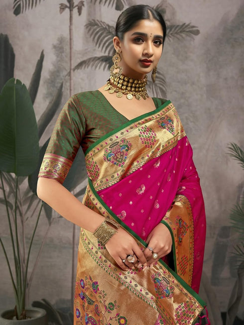 Vasthrlay Women's Paithani Unstitched Blouse Saree