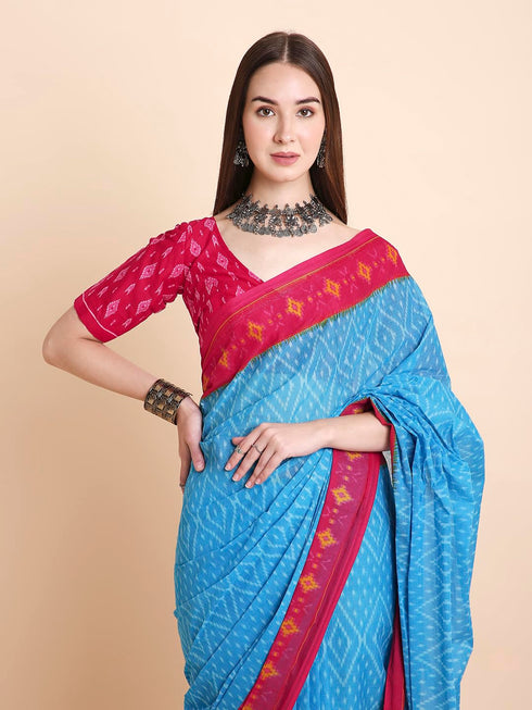 Vasthrlay Cotton Printed Mulmul Blue Saree