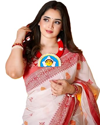 Vasthrlay Bengali Durga Pooja Saree | Heavy Linen Cotton Saree With Digital Print | Motif Tassels | Matching Printed Blouse | 6.30M