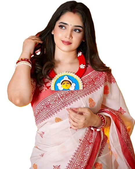 Vasthrlay Bengali Durga Pooja Saree | Heavy Linen Cotton Saree With Digital Print | Motif Tassels | Matching Printed Blouse | 6.30M
