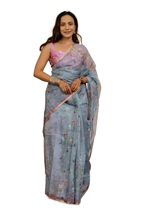 Vasthrlay Fashion Organza Printed White Ethnic Wear