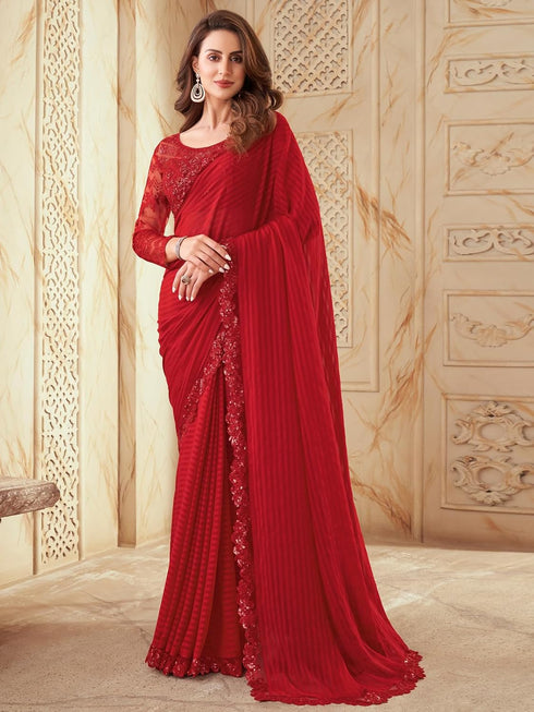 Vasthrlay Womens Georgette Red Saree With Red Unstitched Blouse Piece