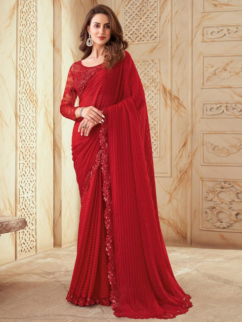 Vasthrlay Womens Georgette Unstitched Red Saree
