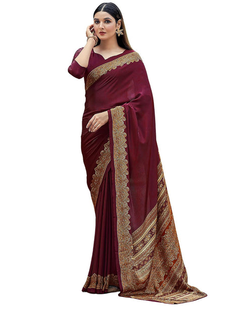 Vasthrlay Abstract Printed Maroon Saree With Unstitched Blouse Piece