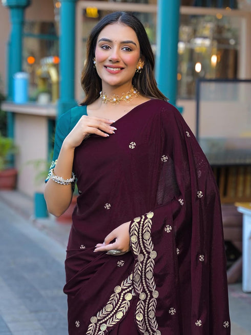 Vasthrlay Chinnon Embroidery Lime Saree