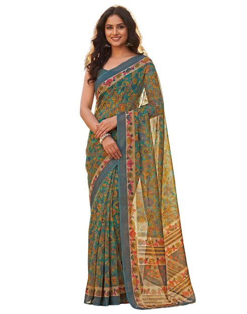 Vasthrlay Womens Printed Turquoise | Dusty Teal Blue | Multi Saree With Unstitched Blouse Piece