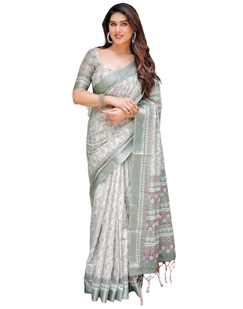 Vasthrlay Womens Printed Unstitched Light Green Saree