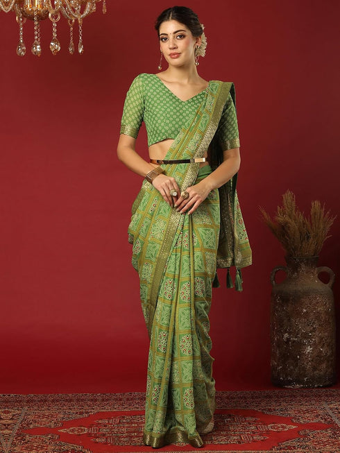 Vasthrlay Georgette Bandhani Unstitched Pink Saree