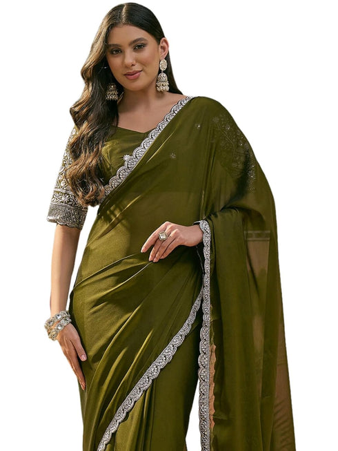 Vasthrlay Sequins Embroidery Unstitched Maroon Saree