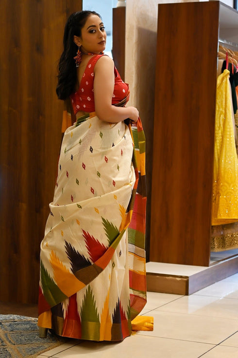 Vasthrlay Cream Printed Unstitched Saree