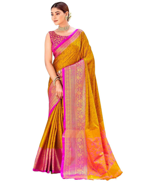Vasthrlay Banarasi Jacquard Mustard Yellow And Pink Saree With Unstitched Blouse Piece