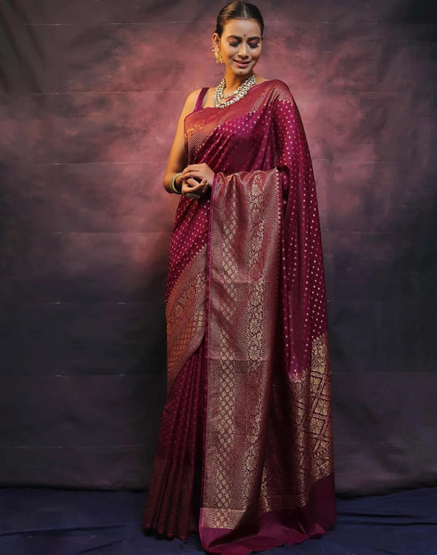 Vasthrlay Banarasi Kanjivaram Wine Saree With Unstitched Blouse Piece