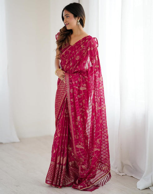 Vasthrlay Georgette Weaving Red Saree With Unstitched Blouse Piece