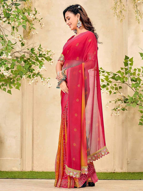 Vasthrlay Georgette Bandhani Unstitched Pink Saree
