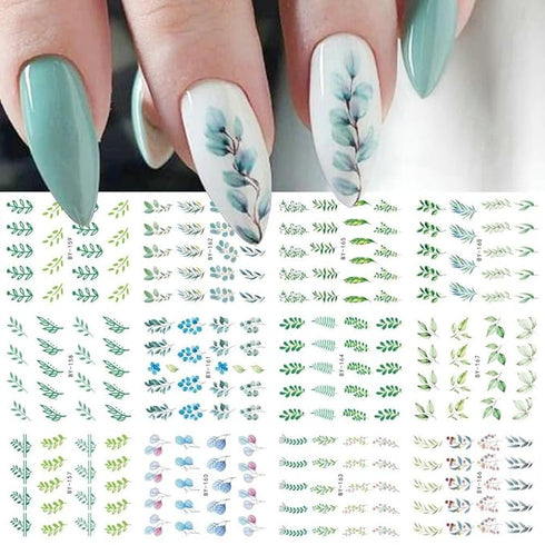 S.A.V.I Floral Nail Decals - 12 Green Plant Designs- Water Transfer Nail Art Stickers