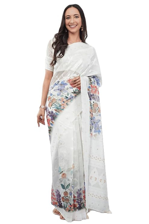 Vasthrlay White2 Floral Print Chanderi Silk Blend Saree With Unstitched Blouse Piece