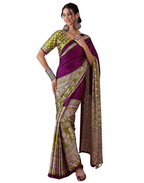 Vasthrlay Printed Tassels Dark Purple | Mehndi Green Saree With Unstitched Blouse Piece