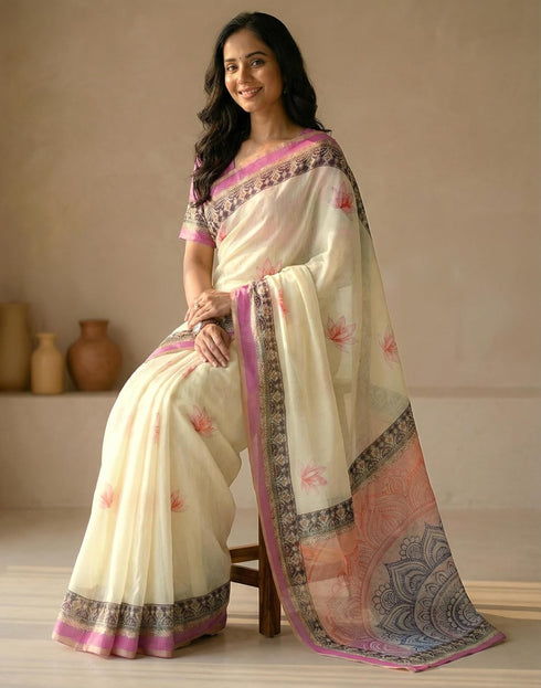 Vasthrlay Womens Printed Unstitched Peach Saree