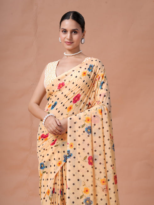Vasthrlay White Floral Unstitched Saree