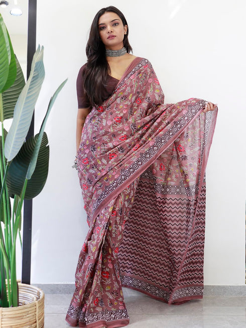 Vasthrlay Botanical Printed Unstitched Brown Smc Ethnic Wear