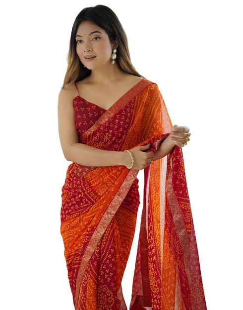 Vasthrlay Chiffon Bandhani Unstitched Red Saree