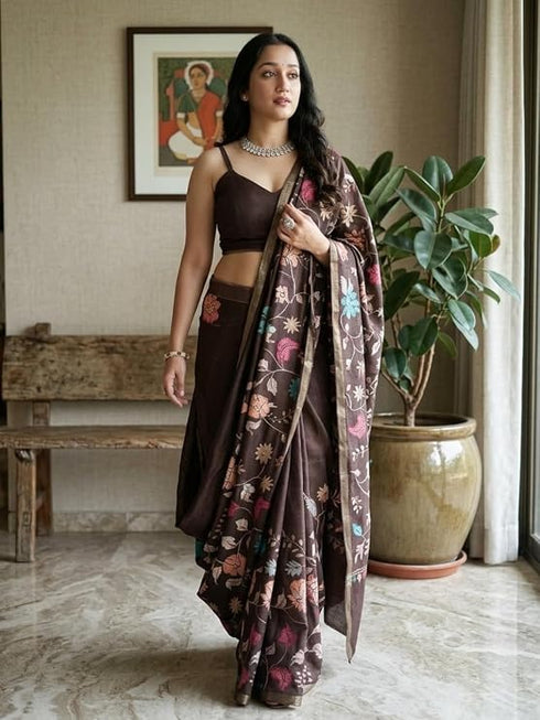 Vasthrlay Brown Floral Print Ready To Wear Linen Saree