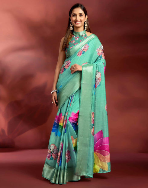 Vasthrlay Printed Jacquard Unstitched Rama Green Saree