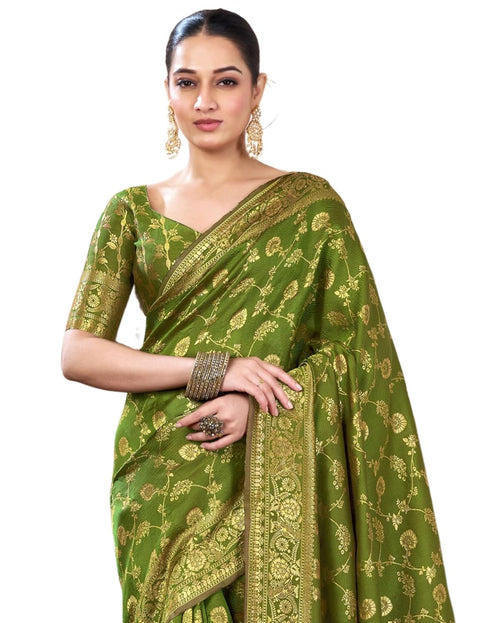 Vasthrlay Womens Banarasi Unstitched Olive Green Saree