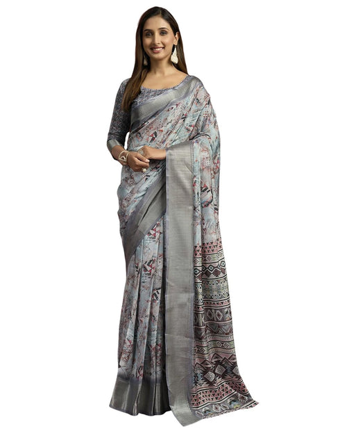 Vasthrlay Womens Printed Unstitched Navy Blue Saree