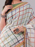 Vasthrlay Womens White Checkered Printed Linen Saree With Green Solid Linen Unstitched Blouse Piece Featuring Multicolor Thin Line Plaid Pattern And Zari Border