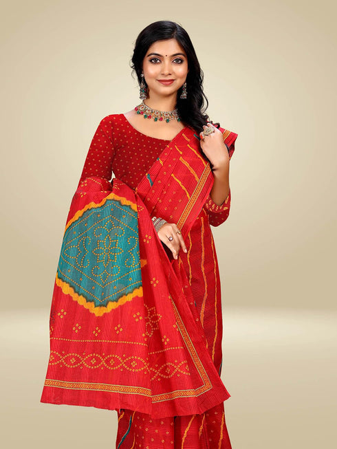 Vasthrlay Bandhani Swarovski Traditional Red Saree