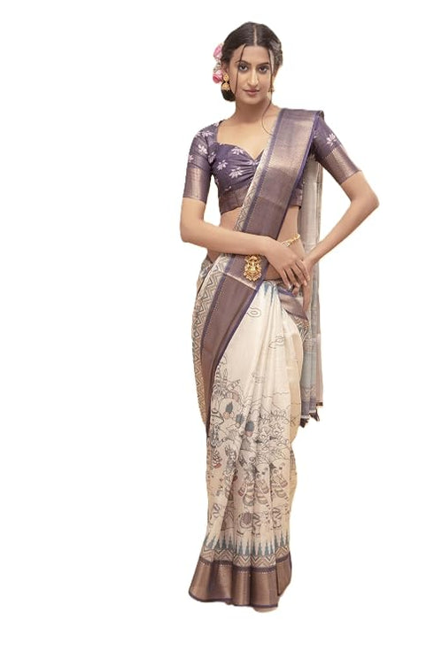 Vasthrlay Off White1 Abstract Print Polyester Saree With Antique Zari Border And Unstitched Blouse Piece