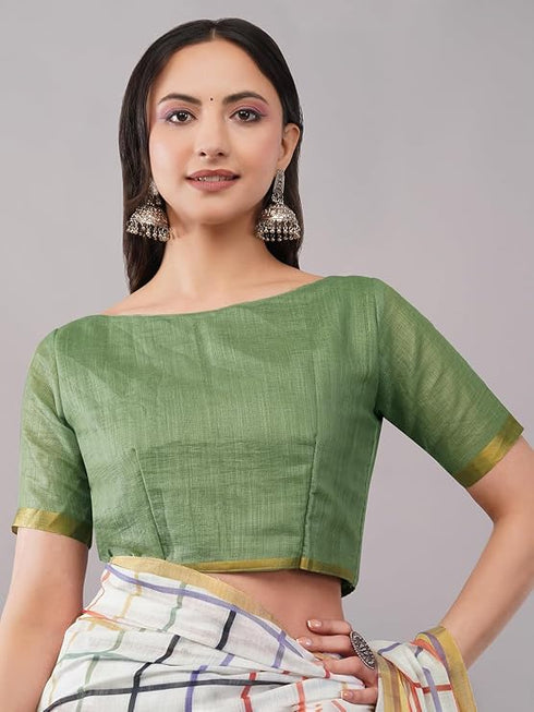 Vasthrlay White Checkered Printed Linen Saree With Green Solid Linen Unstitched Blouse Piece