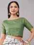 Vasthrlay White Checkered Printed Linen Saree With Green Solid Linen Unstitched Blouse Piece