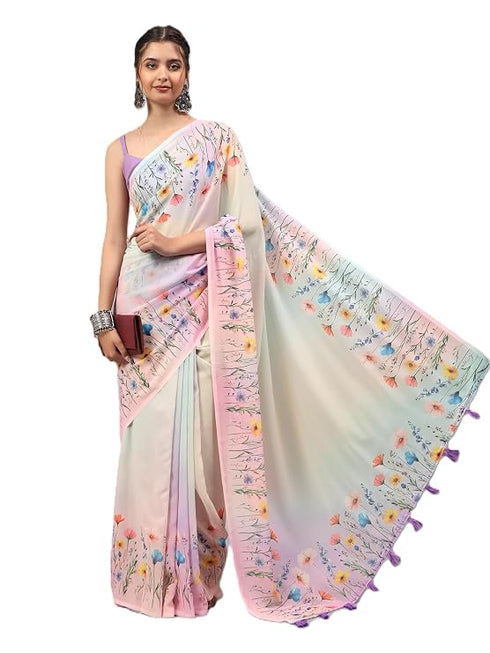 Vasthrlay Off White Floral Printed Georgette Saree With White Solid Georgette Unstitched Blouse