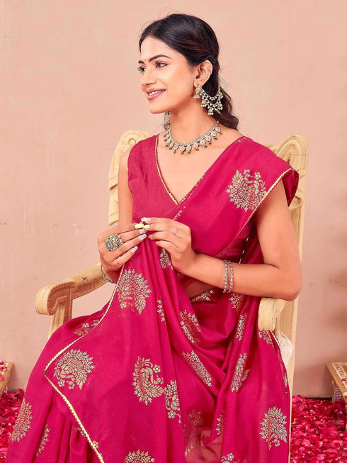 Vasthrlay Vichitra Printed Unstitched Rani Pink Saree