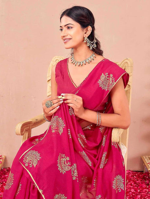 Vasthrlay Vichitra Printed Rani Pink Saree With Unstitched Blouse Piece