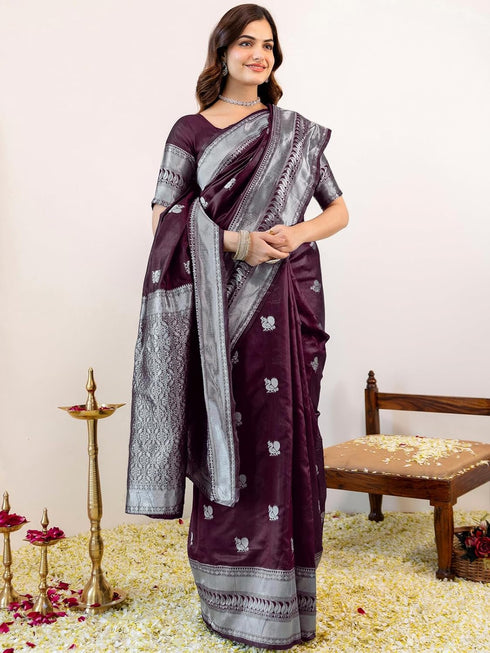 Vasthrlay Banarasi Jacquard Unstitched Purple Saree