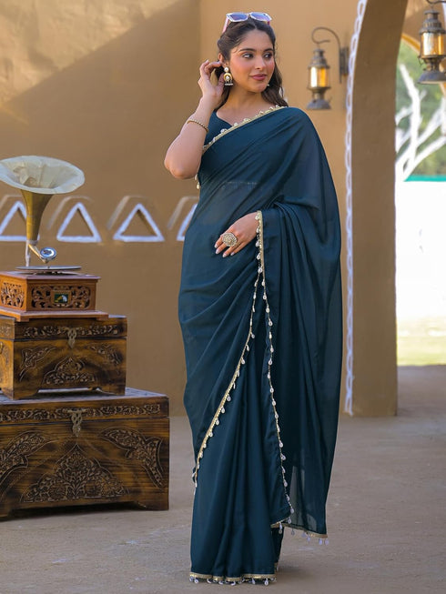 Vasthrlay Chiffon Scalloped Coffee Saree