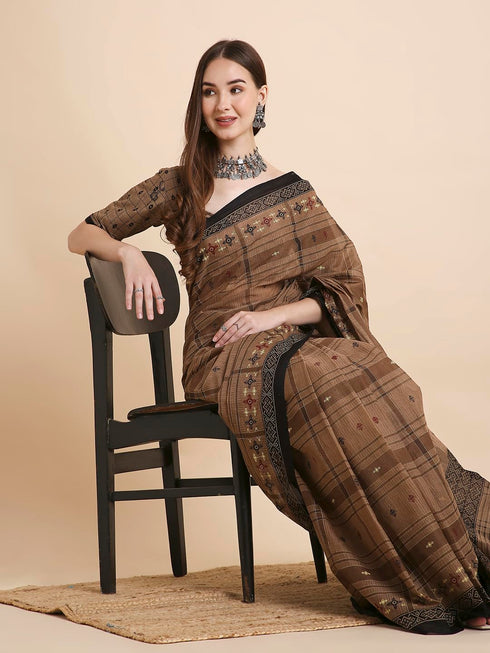 Vasthrlay Cotton Printed Mulmul Brown Saree