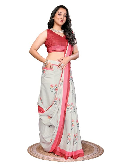 Vasthrlay Off White Womens Linen Ready To Wear Saree