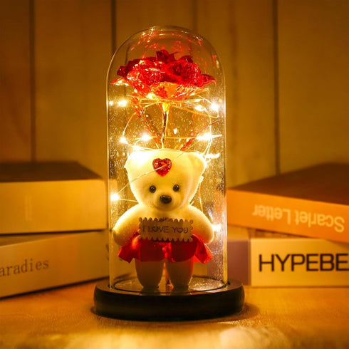 Wishpitara Valentines Day Artificial Rose Flower Light Gift in Glass Dome with Teddy