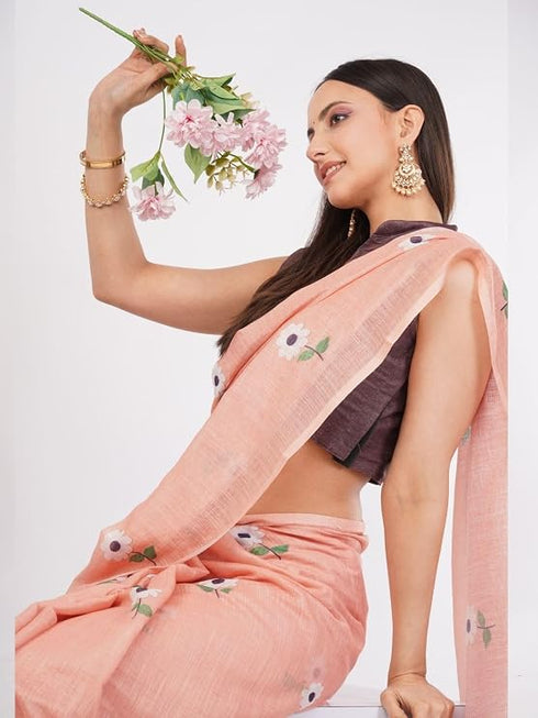 Vasthrlay Peach Printed Linen Saree With Unstitched Blouse Piece