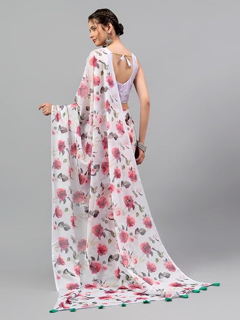 Vasthrlay Purple Sheer Spring Floral Printed Art Chiffon Saree With Unstitched Blouse