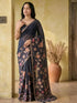 Vasthrlay Black Floral Linen Saree With Solid Black Unstitched Blouse