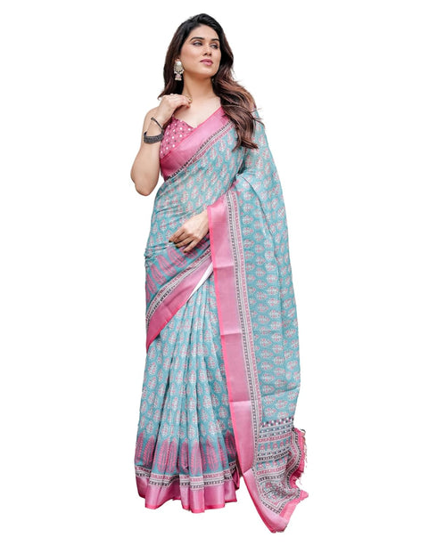 Vasthrlay Turquoise Floral Embroidered Saree