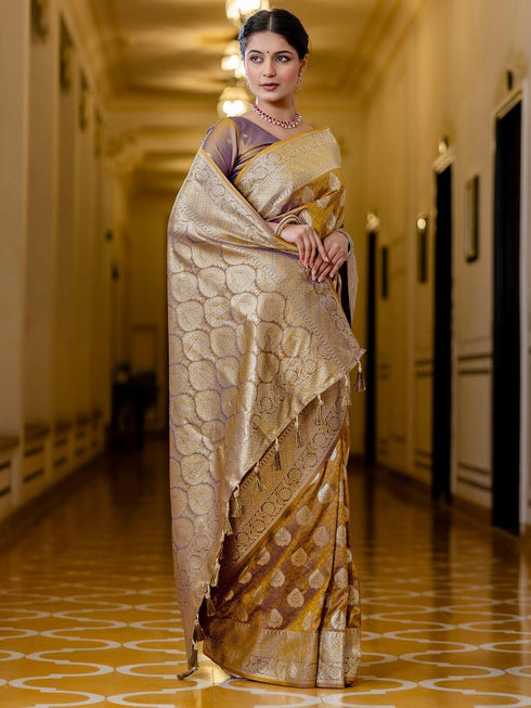 Vasthrlay Womens Weaving Tassels Unstitched Mustard Saree