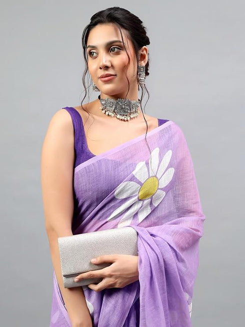 Vasthrlay Purple Womens Ready To Wear One Minute Linen Fabric Saree